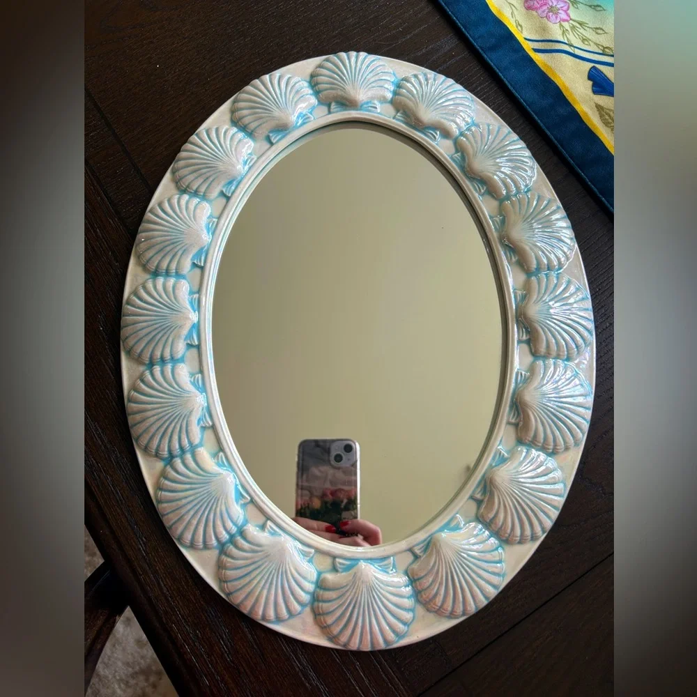 Vintage RARE Ceramic Hand Painted Scallop Seashell Oval Framed Wall Mirror